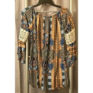Win Win Size S/M Tunic Womens Multicolored Blouse Pinwheel Sleeve Boho‎ Romantic